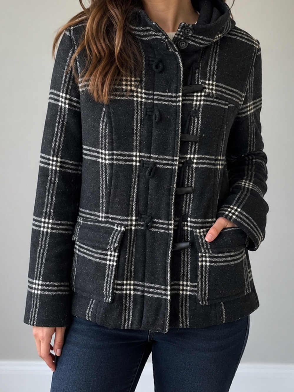 Old Navy Plaid Wool Blend Toggle Coat Jacket Black White Hooded Size Medium